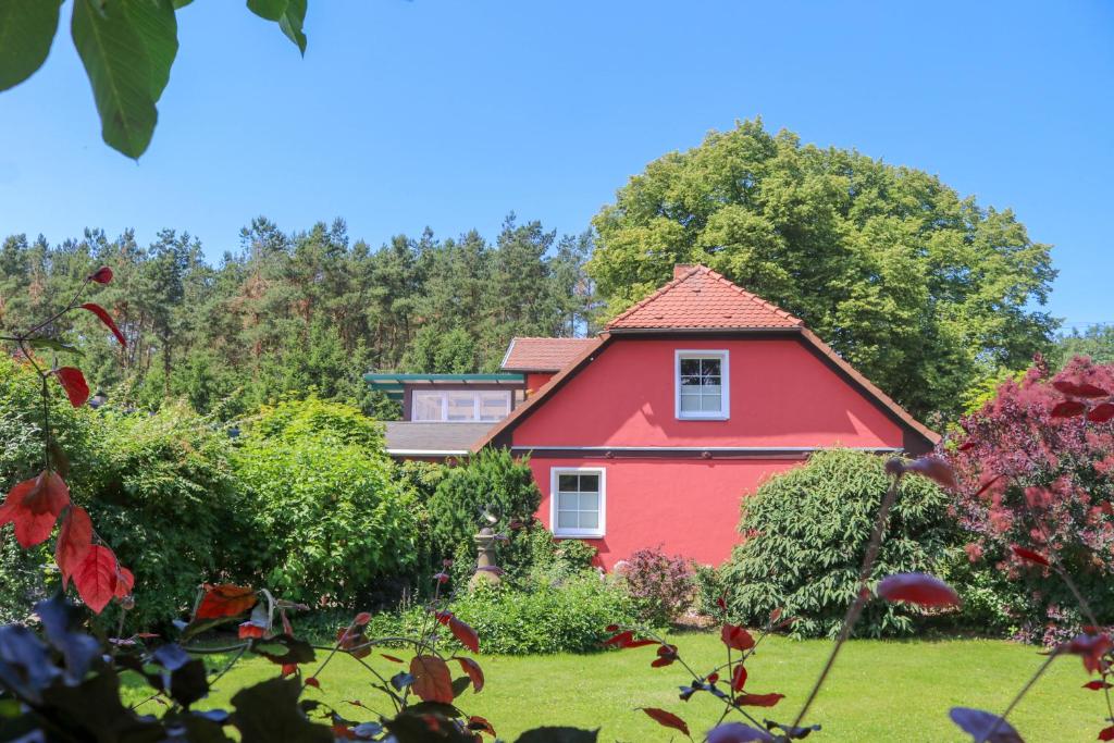 SilzAppartementhaus Sonnengarten的一座有树木的院子中的红色房子