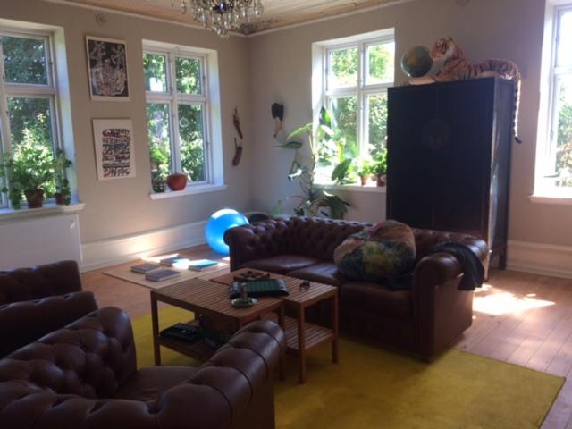 SkegrieLiebacksgården的客厅配有真皮沙发和桌子