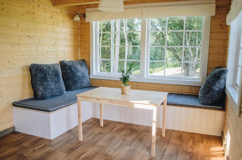 DunikaBārtas Krasts的客房设有一张桌子、蓝色靠垫和窗户。