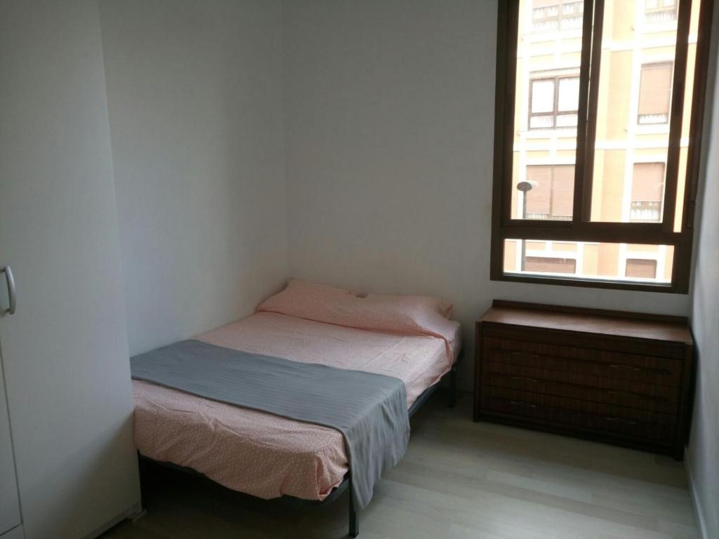 毕尔巴鄂Bilbao habitaciones的一间小卧室,配有两张床和窗户