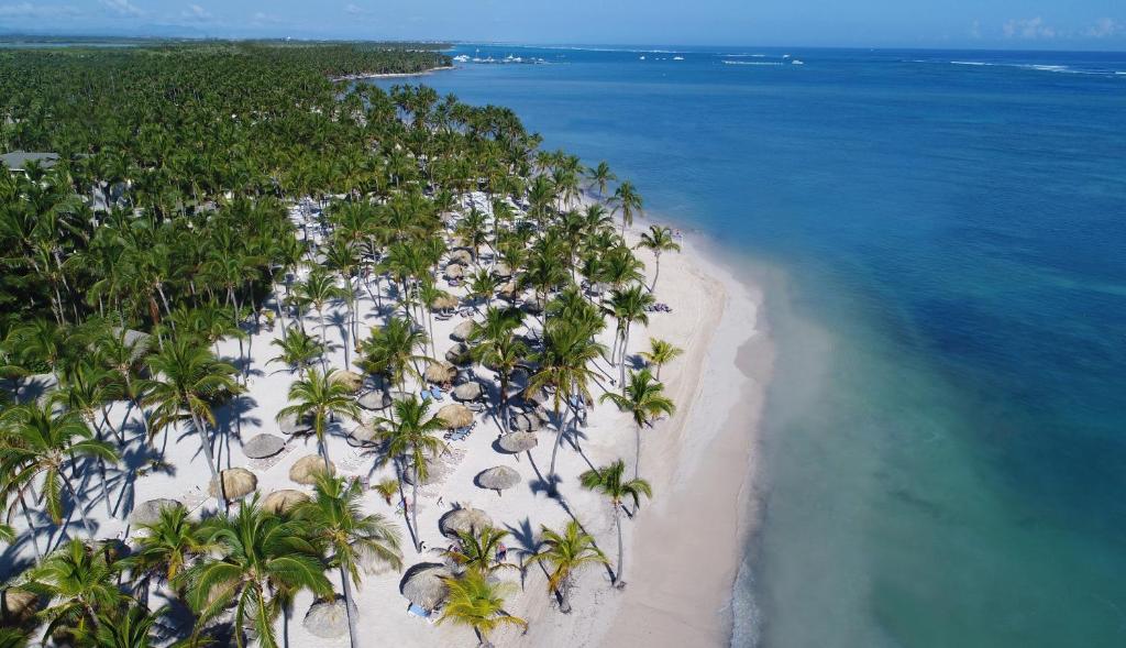 蓬塔卡纳蓬塔卡纳加泰罗尼亚全包酒店的享有棕榈树海滩和大海的空中景致