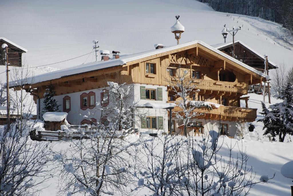 玛丽亚阿尔姆Pension Berghof的雪中的大型木屋