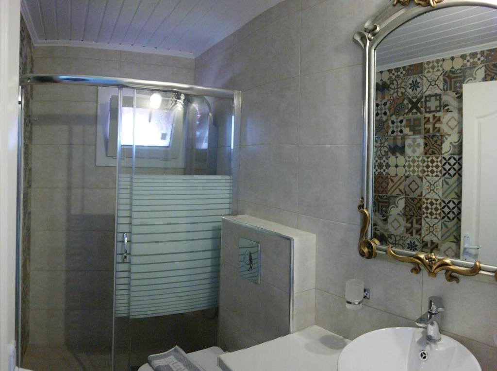 利吉亚阿夫拉酒店的带淋浴、盥洗盆和镜子的浴室