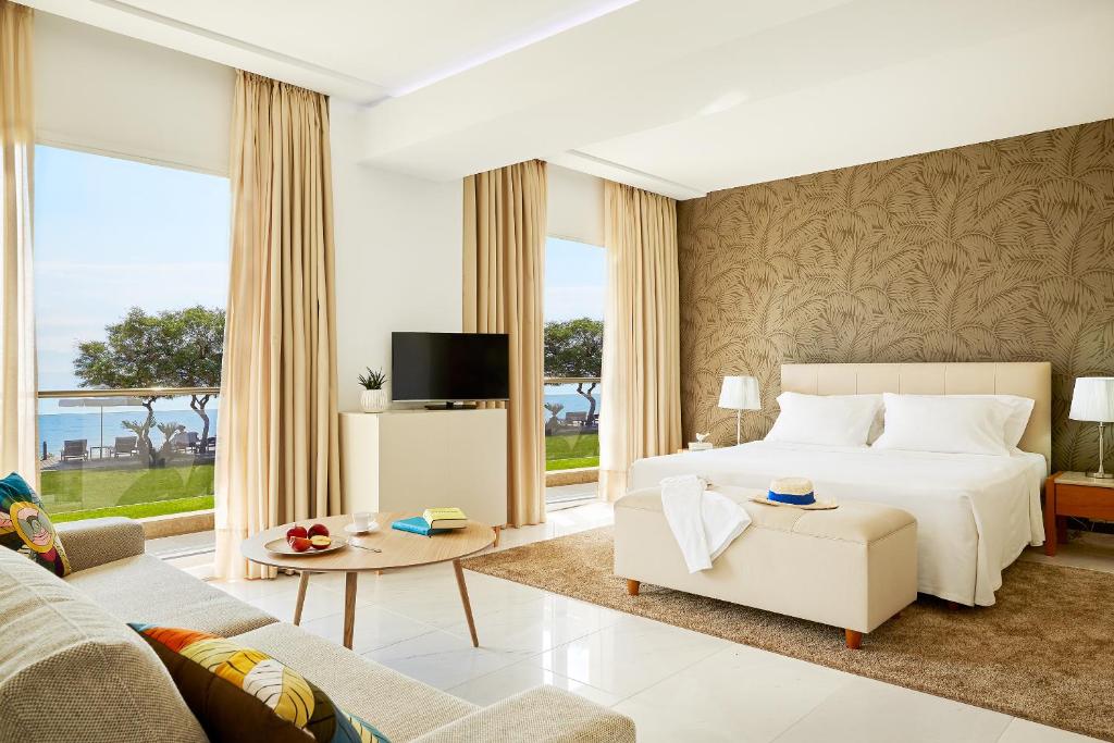 阿菲托斯阿菲提斯精品酒店的一间卧室配有一张床、一张沙发和一台电视。