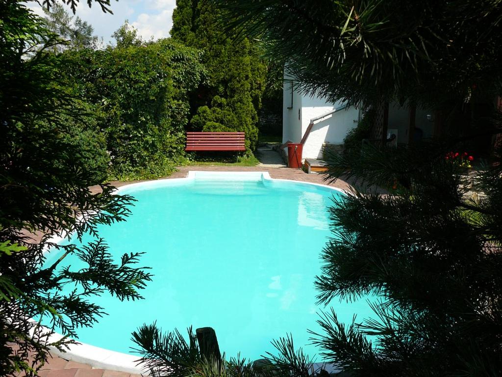 PodmolíChaloupka v Podyjí - Podmolí的一个带红色长凳的大型蓝色游泳池