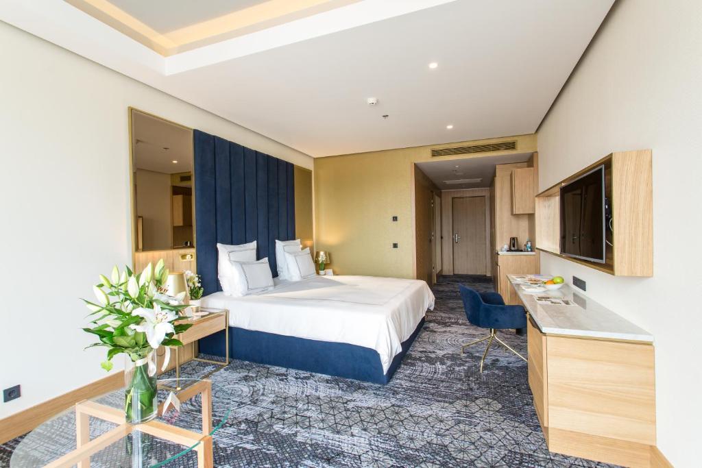 萨拉热窝萨拉热窝瑞士酒店的酒店客房带一张床和一个厨房