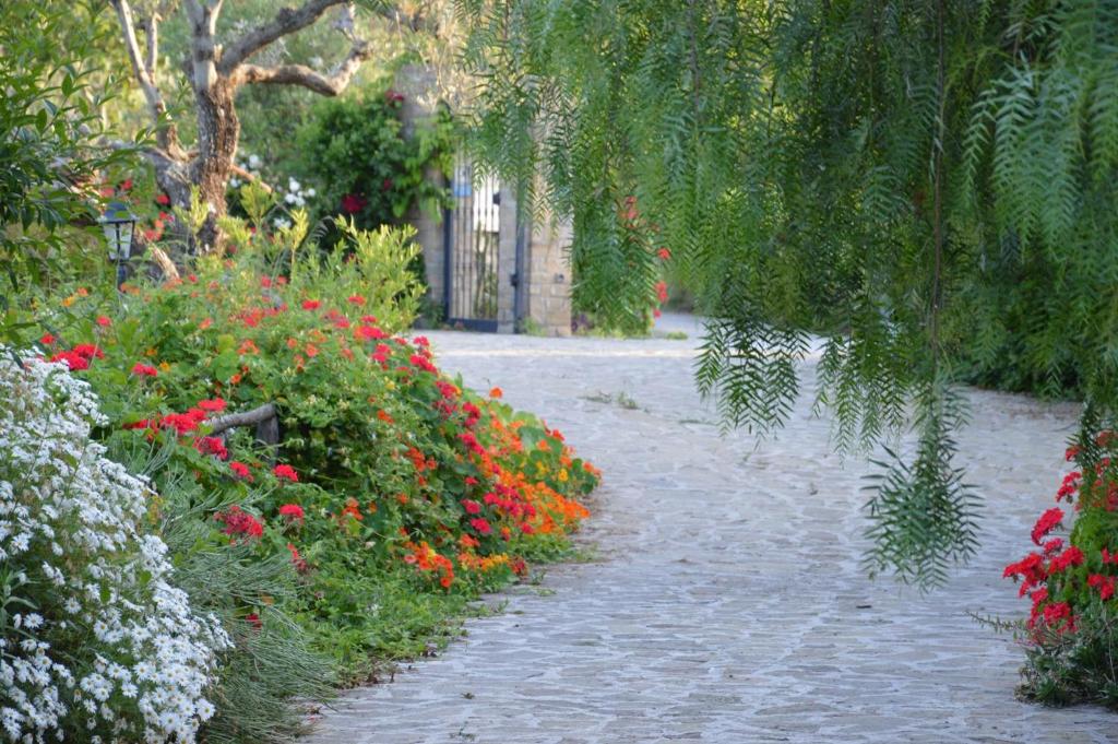 圣毛罗奇伦托Dormire al Casale的种有红白色花的花园,走道