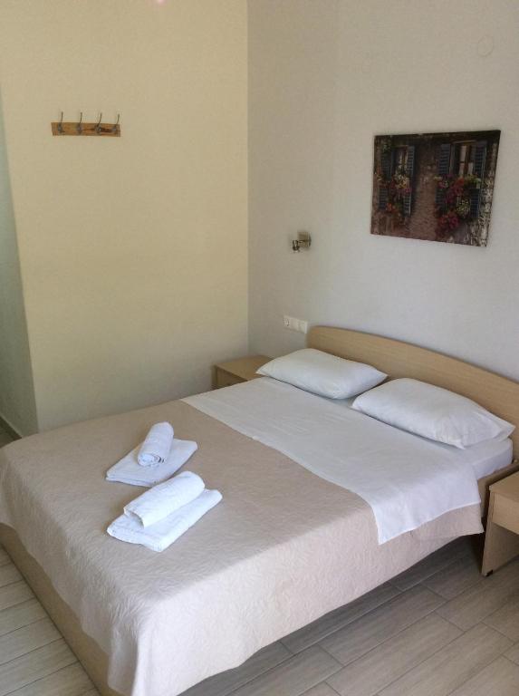 普拉基亚斯艾琳娜旅馆的一间卧室配有两张床和白色毛巾。