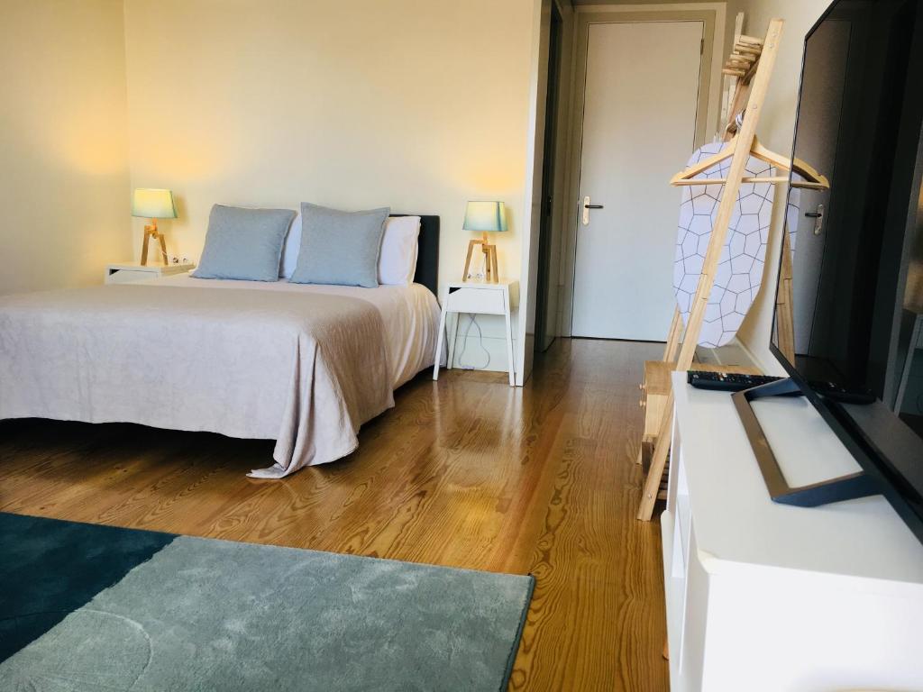 波尔图Vitoria Studio Residence - Downtown的一间卧室配有一张带蓝色枕头的床和电视。