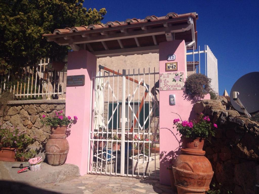 吉廖港La Rosada的粉红色的房子,有门和一些花
