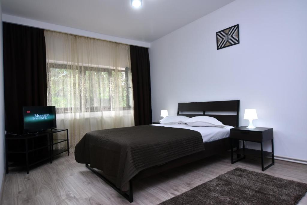锡纳亚Residence SINAIA Apartments的一间卧室配有一张大床和电视