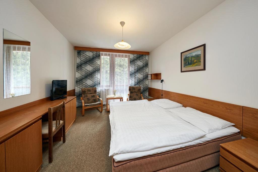 派克波特斯耐兹库费恩公寓的一间卧室配有一张大床和一张书桌