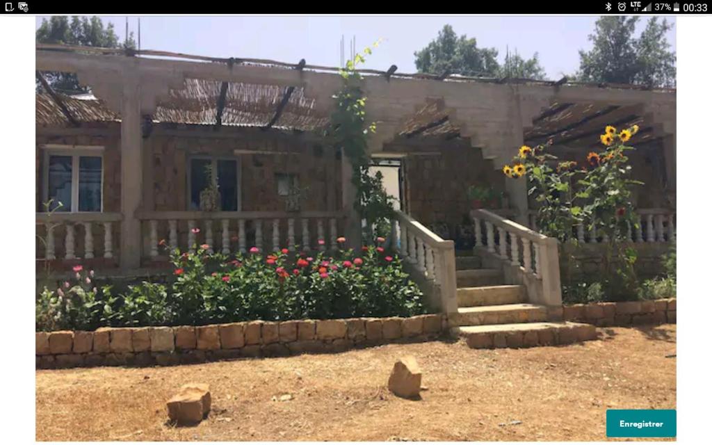 MelaahMaison d'hôtes "Abou-Hachem"的鲜花和楼梯前的房子