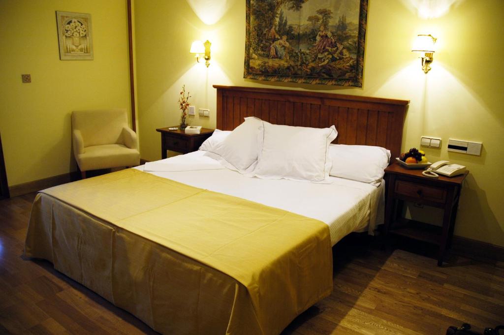 托莱多卡瑟纳香格里拉雷纳酒店的酒店客房带一张大床和一把椅子