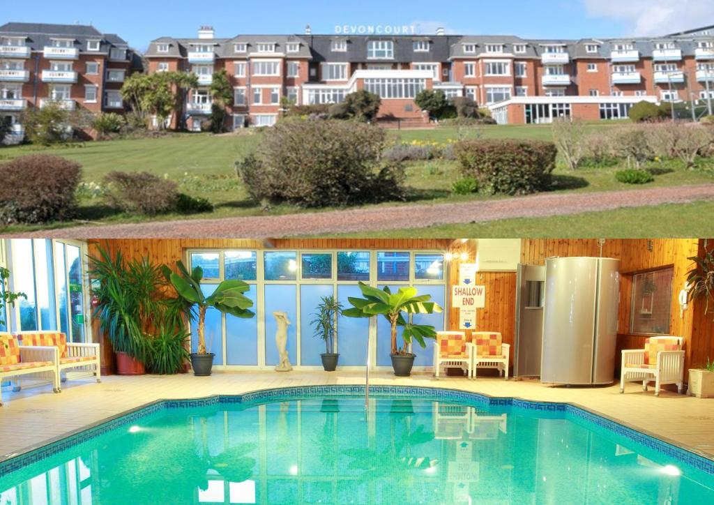 埃克斯茅斯德文寇特度假酒店的建筑物前游泳池的两张照片