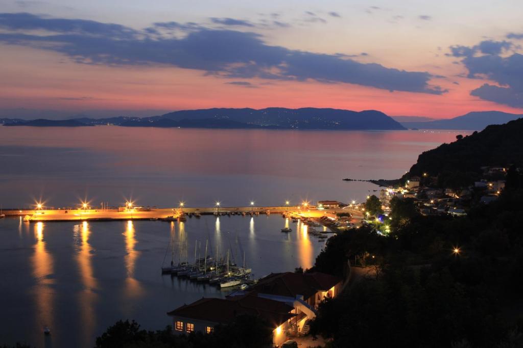 罗查基恩爱琴海海浪-灯塔酒店的享有港口的夜间景色