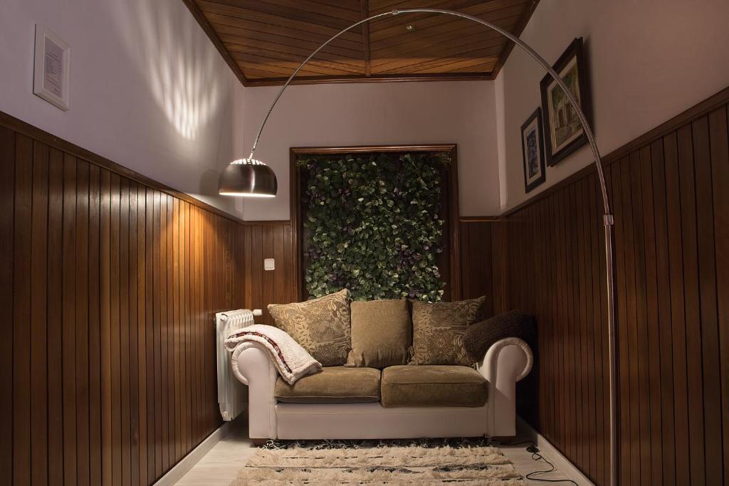 比索达雷加The Rooftop Suites的绿墙客房内的沙发
