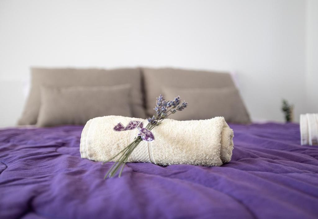 弗尔赫尼卡Nauportus的床上的一条毛巾,上面有一束鲜花