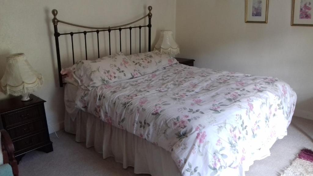 拉恩Hills Farm B&B Laugharne的一间卧室配有一张带花卉被子和两盏灯的床。