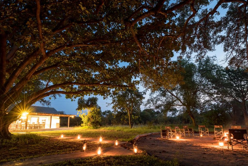 MbabatMakuwa Safari Lodge的一群桌子和椅子在晚上在树下