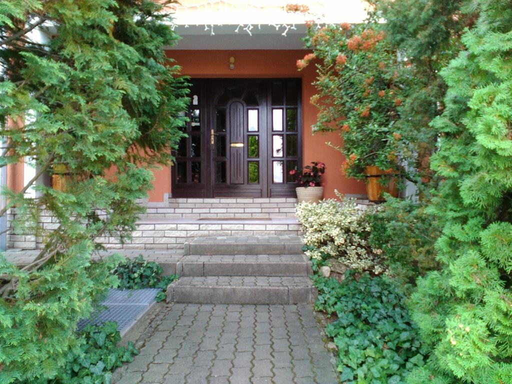 埃格尔绿岛客栈的植物和楼梯房子的前门