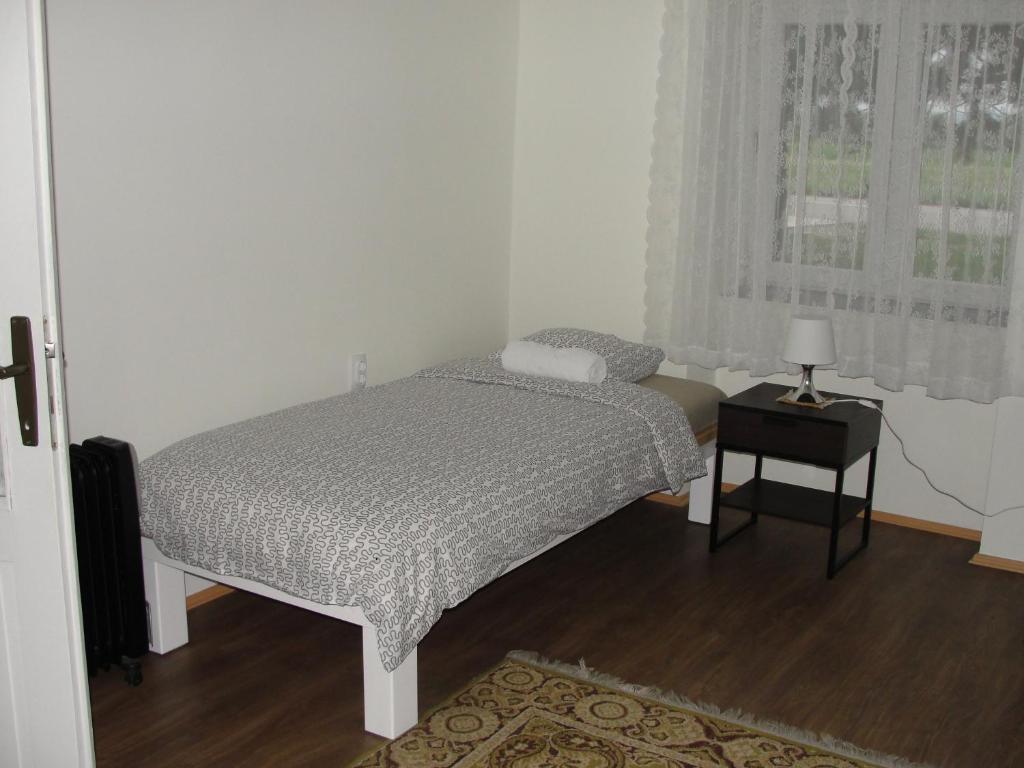 KoviljCoffeecamp-Kovilj的一间卧室配有一张床和一张桌子及窗户