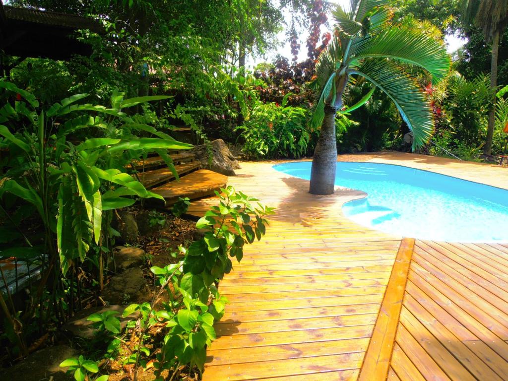 德赛Les Manguiers的棕榈树泳池旁的木道