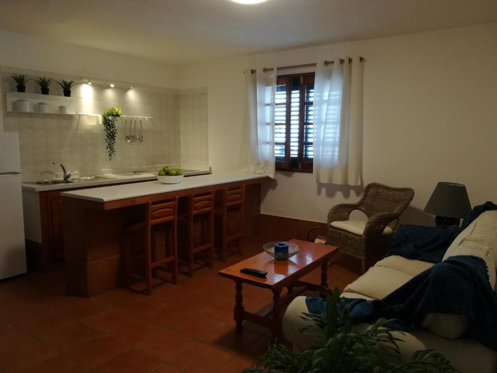 阿列塔Apartamento en el pueblo de Arrieta 4的厨房以及带沙发和桌子的客厅。