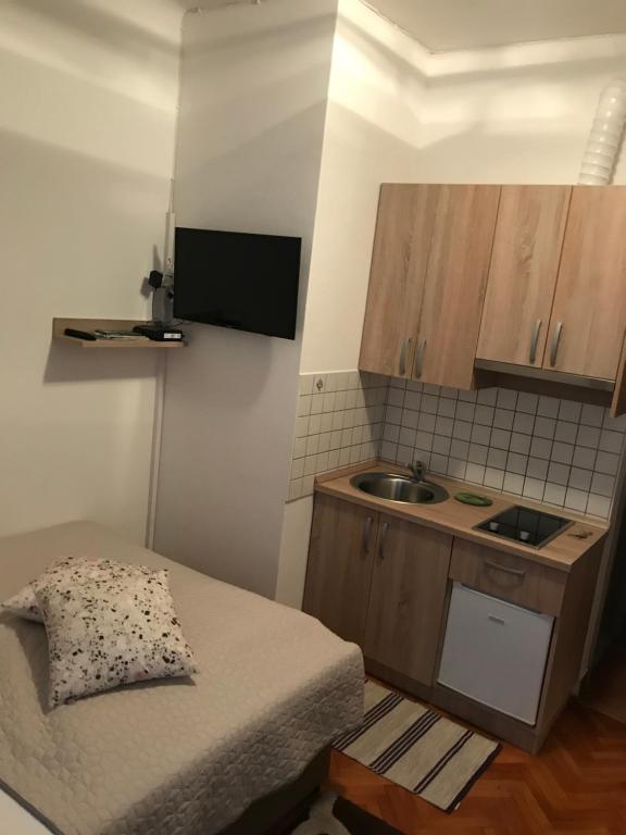 卢布尔雅那Studio apartment Sisters3的一间带床和水槽的小厨房