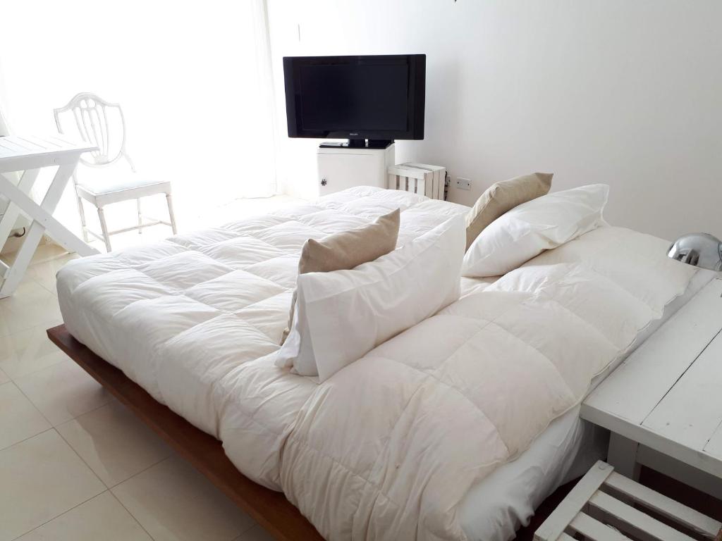 圣达菲Altos del Sur的一张白色大床、白色枕头和电视