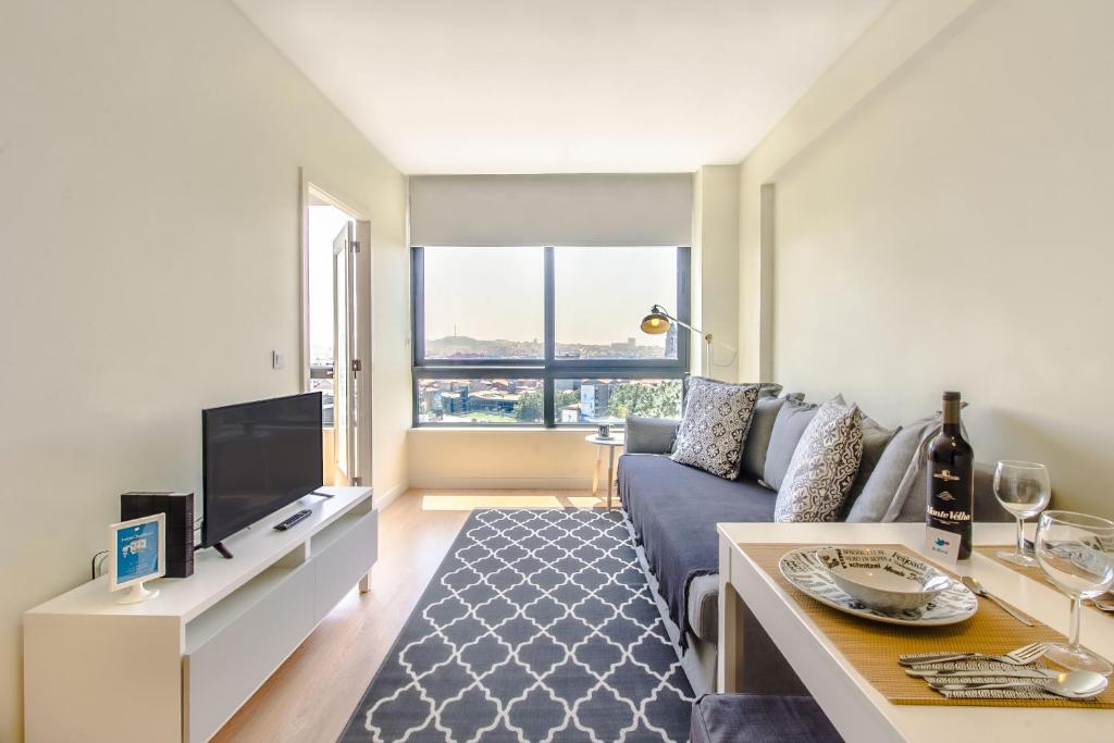 波尔图Trindade Flat with a Great View的客厅配有蓝色的沙发和电视