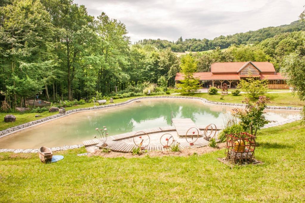 萨格勒布Country house with a pool in Medvednica Nature Park的一座带房子的院子中的游泳池的形象