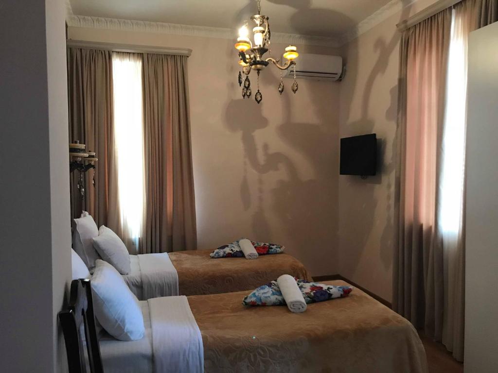 第比利斯Apartment Botanikuri 15的酒店客房设有两张床和吊灯。