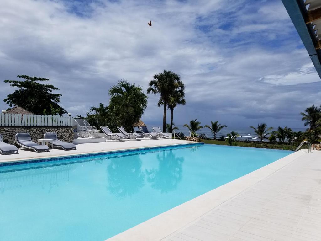 巴拉奥纳省圣克鲁斯Hotel El Quemaito - Luxury Oceanfront Retreat的一个带椅子和棕榈树的大型游泳池