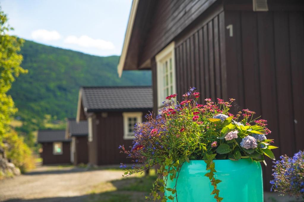 沃戈穆Vågåvatnet Feriesenter的满花的蓝色花瓶,在房子前