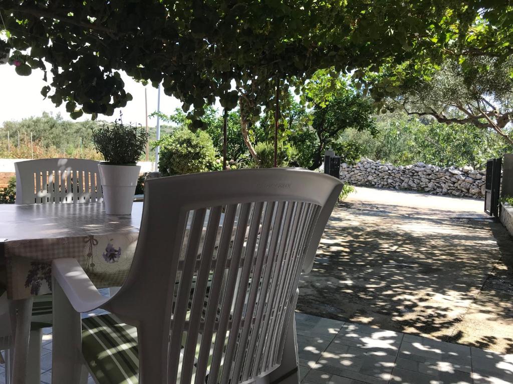 奥库格哥恩基Apartman Mirjana的一张桌子,上面有两把白色的椅子和一张桌子,上面有树