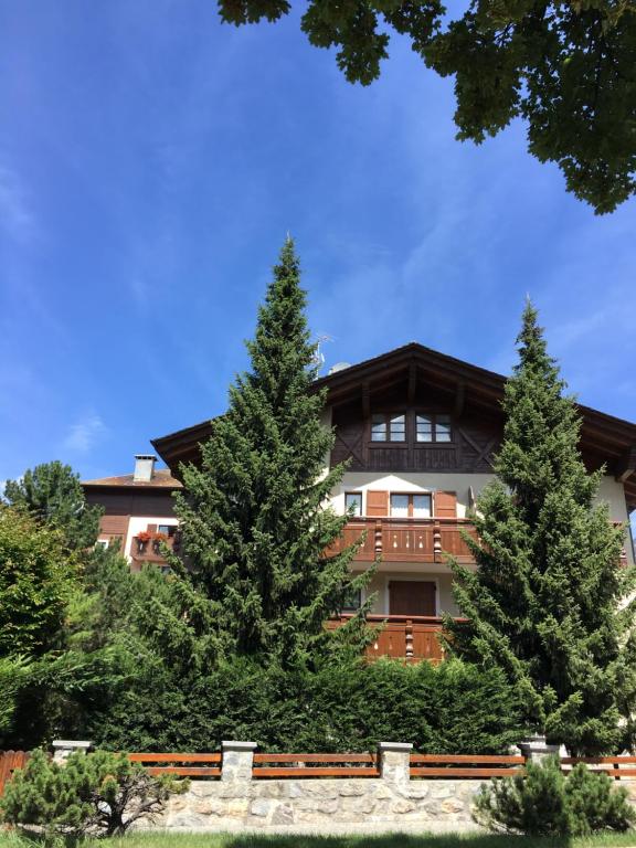 博尔米奥Villa Fiordaliso的前面有两棵松树的建筑