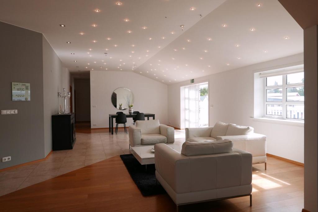 胡萨维克Askja Apartment的客厅配有白色家具和带灯的天花板