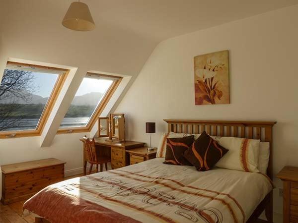 FahaO'Connors Guesthouse的一间卧室配有一张床、一张书桌和两个窗户。
