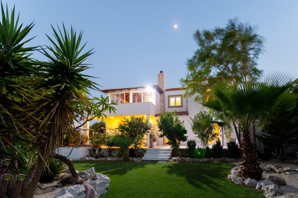罗德岛卡利地亚Nicole's garden villa的前面有棕榈树的房子