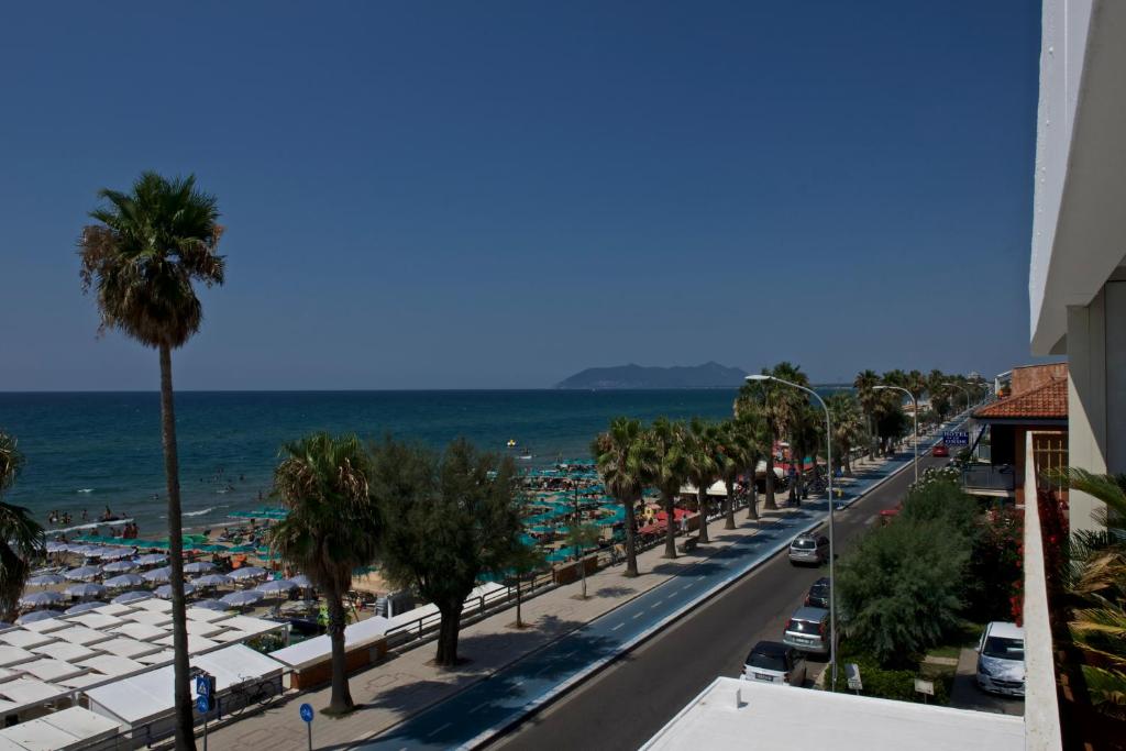 泰拉奇纳Hotel Ristorante Centosedici的享有棕榈树海滩和大海的景色