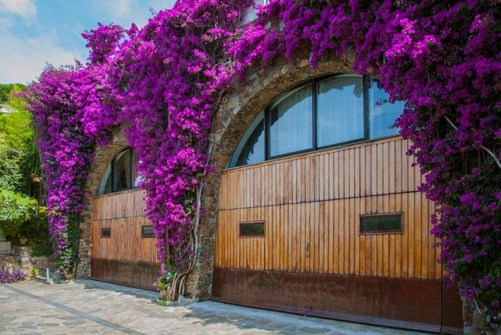 阿伦扎诺Villa Eliodora的一座木车库,里面装有紫色的鲜花