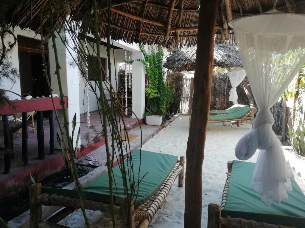 帕杰Sunny House Paje II的一个带椅子和遮阳伞的庭院。