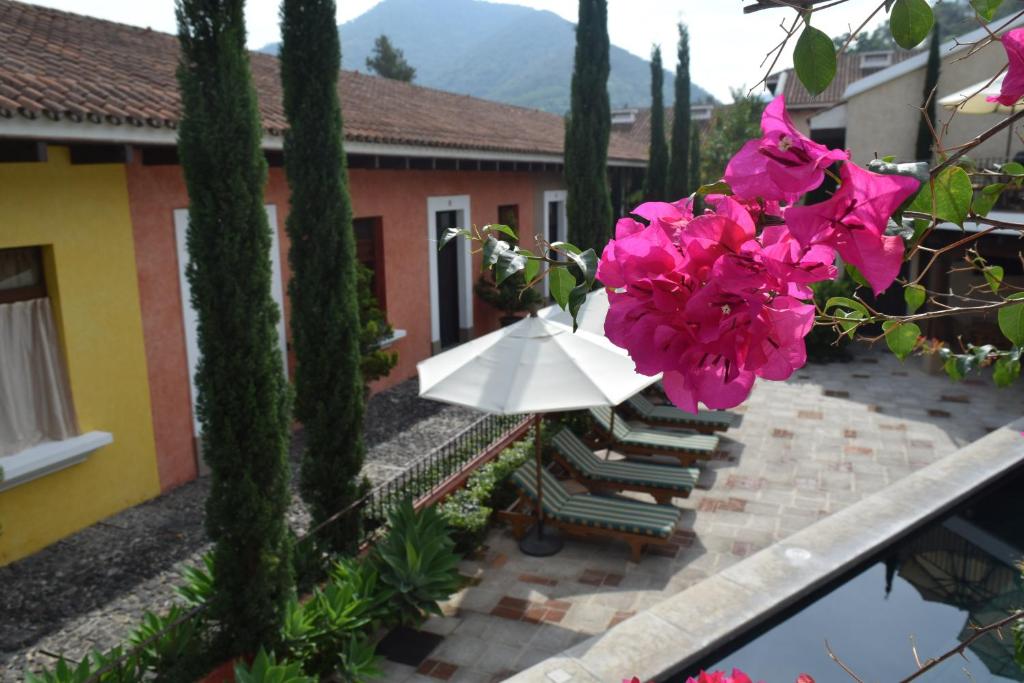 危地马拉安地瓜Villas Catalina的享有带粉红色花卉的庭院和建筑的景色