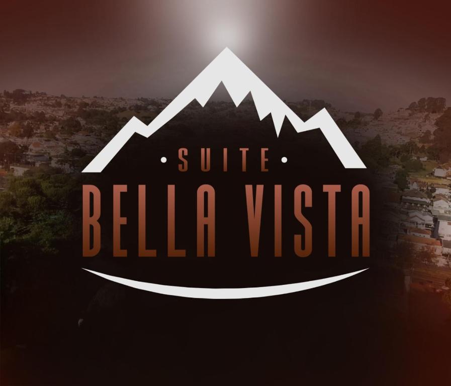 坎波斯杜若尔当Suites Bella vista的黑色和白色的标志,带有山脉