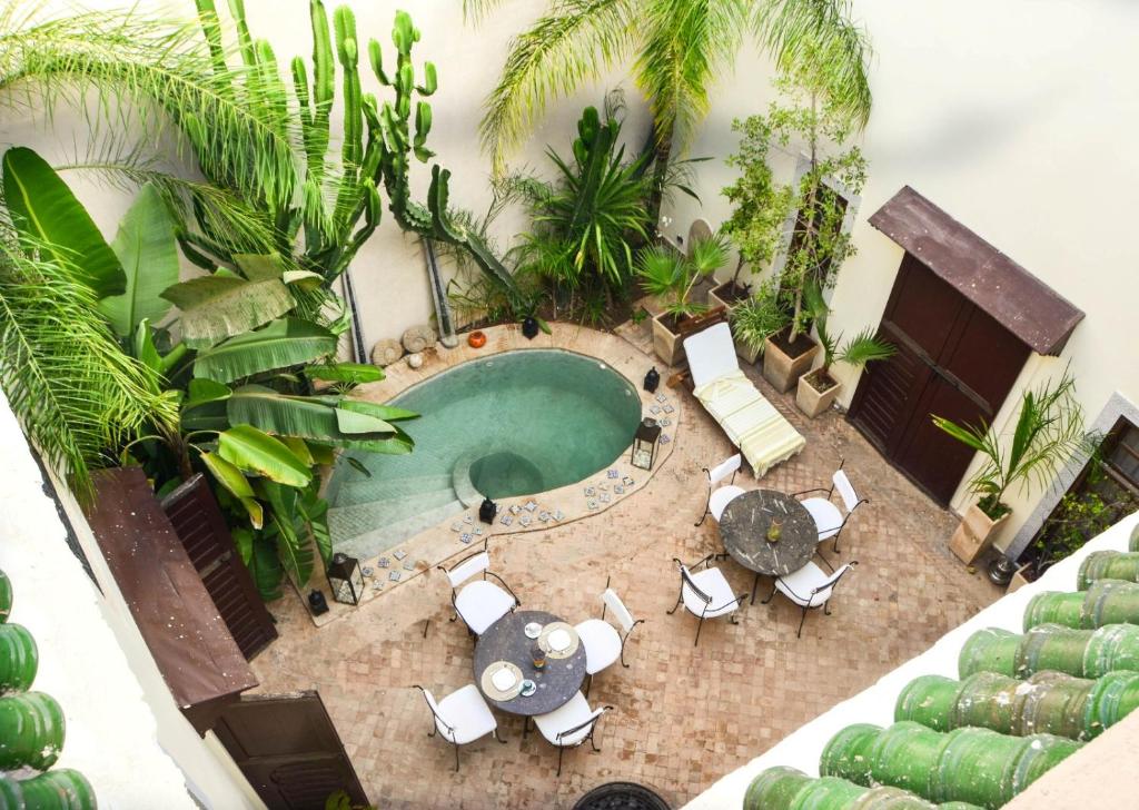 马拉喀什阿莫尼特Spa庭院旅馆的享有带庭院家具和棕榈树的游泳池的顶部景致