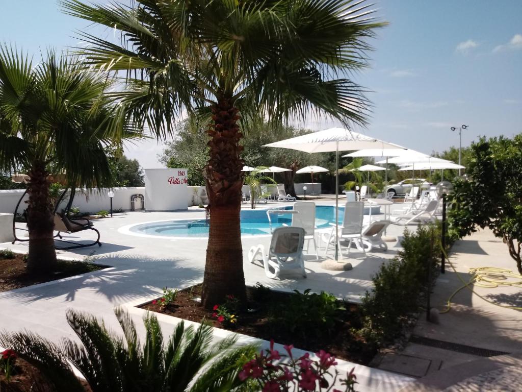 MiletoB&B Villa Mery的一个带游泳池、棕榈树和椅子的度假酒店