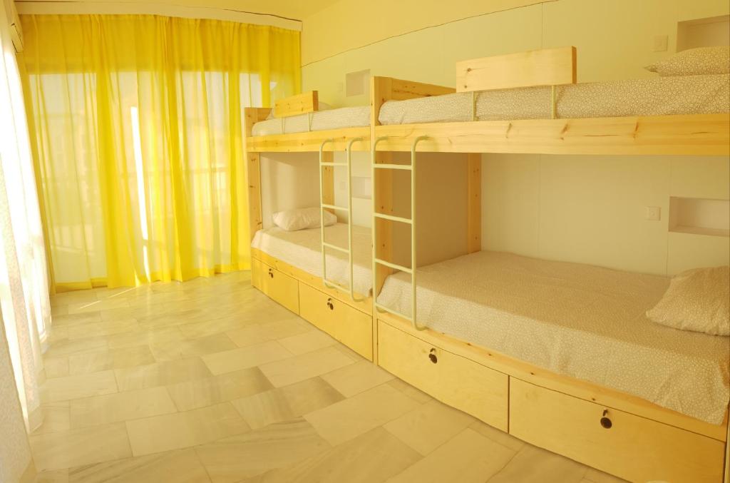 尼科西亚NEX Hostel的客房设有两张双层床,铺有木地板。