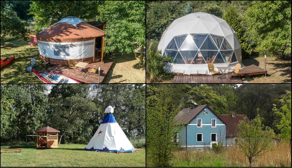 新瓦尔普诺Glamping Podgrodzie的四个不同的大地测量圆顶和房子的照片