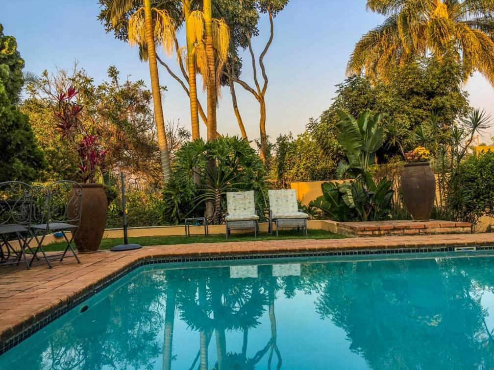 埃祖尔韦尼Damicha Boutique Lodge的一个带两把椅子的游泳池,棕榈树